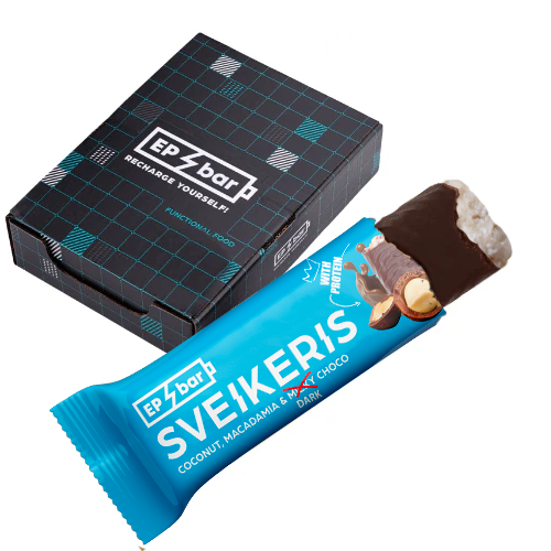 Kokosų-makadamijų SVEIKERIS JUODAJAME becukriame šokolade, 10 vnt.